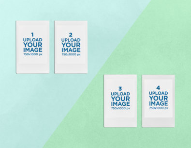 Mockup of Four Instax Picture Frames over a Bicolored Surface