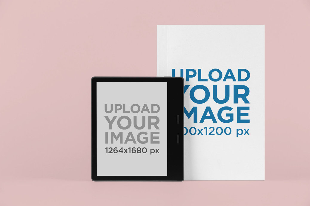 Mockup of a Kindle Oasis and a Physical Book Cover in a Minimalistic Background