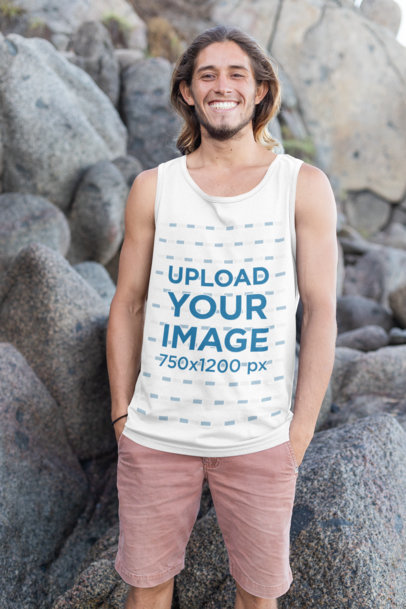 Mockup of a Cool Man Wearing a Tank Top on the Beach
