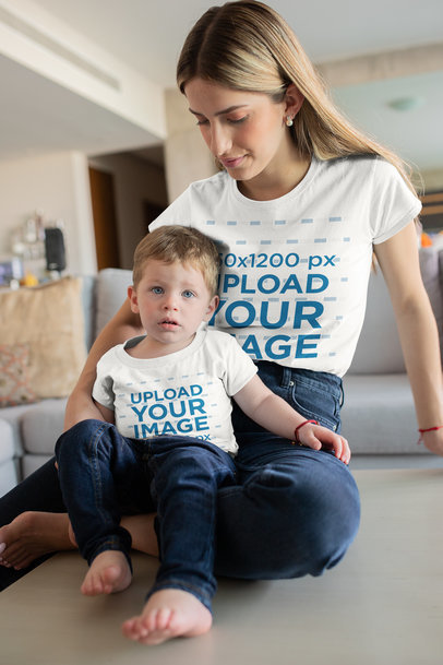 Mockup of a Young Mom Sitting with Her Baby Boy