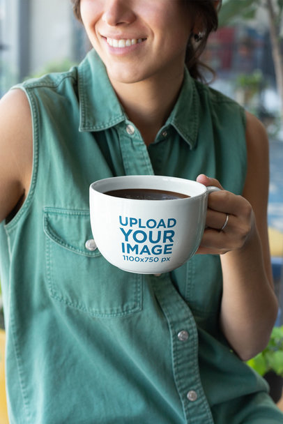 Mockup of a Big-Smiled Woman Holding a 24 oz Coffee Mug 26460