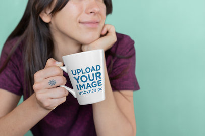 Coffee Mug Mockup of a Smiling Young Woman on a Solid Background