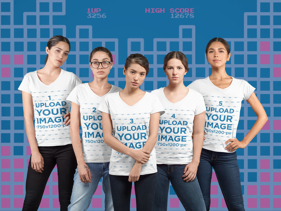Mockup of a Group of Female Gamers Wearing a Tee at a Studio