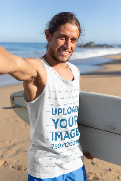 Tank Top Mockup of a Surfer Man's Selfie at the Beach 