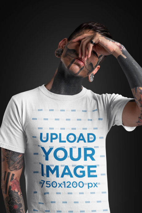 T-Shirt Mockup of a Goth Man Covering His Face