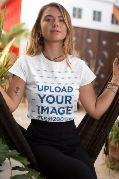 Mockup of a Young Woman Swinging on a Hammock 