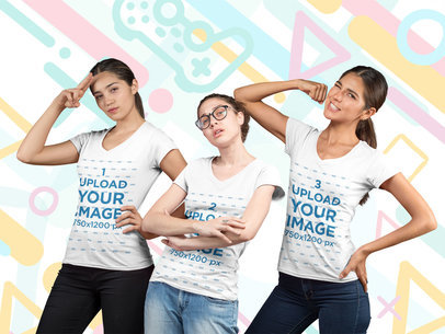 Mockup of Three Female Gamers Posing Against a Cool Gaming Background