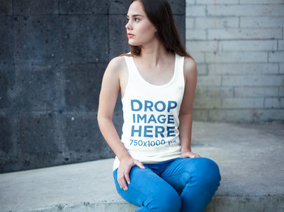 Woman Sitting on a Concrete Stairway Tank Top Mockup a7898