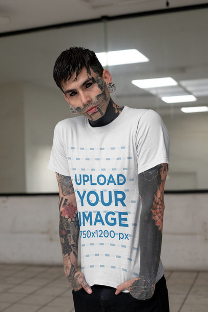 T-Shirt Mockup of an Edgy Goth Man Posing in a Mirrored Room 26599