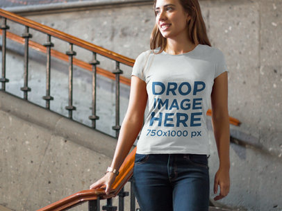 Young Woman on a Staircase T-Shirt Mockup
