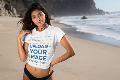 T-Shirt Mockup Featuring a Brunette Woman at the Beach
