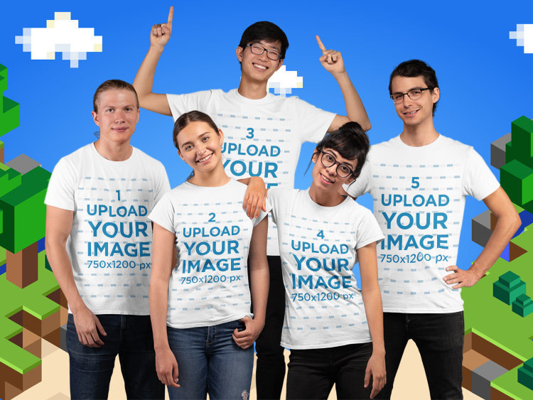 T-Shirt Mockup Featuring a Diverse Group of Gamers at a Studio