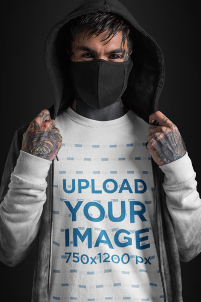 T-Shirt Mockup of a Goth Man with Tattooed Eyes Wearing a Mouth Mask 26598