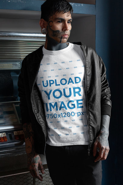 Mockup of a Goth Man with a Tattooed Face Wearing a T-Shirt
