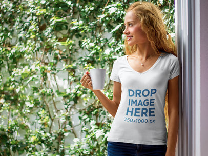 Young Woman Having a Coffee at Home T-Shirt Mockup 