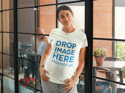 Pregnant Woman Leaning on a Window T-Shirt Mockup a7949