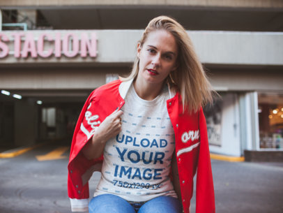 Heather Tee Mockup of a Blonde Lady in the Street