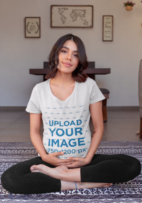 Mockup of a Beautiful Pregnant Woman Wearing a V-Neck Tee