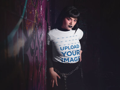 T-Shirt Mockup of a Goth Woman Lurking in the Dark