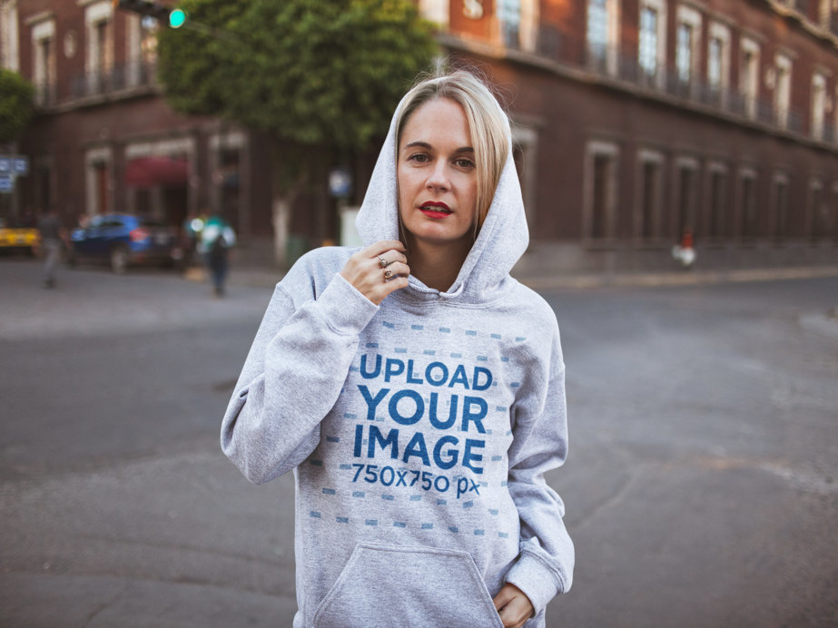 Mockup of a Casual Woman Wearing a Heathered Pullover Hoodie