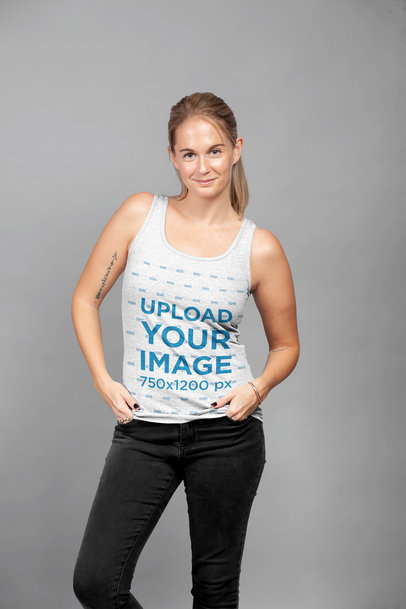Tank Top Mockup Featuring a Beautiful Woman with a Coy Smile