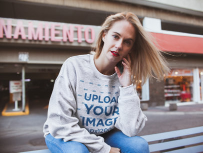 Mockup of a Woman with a Casual Style Wearing a Heathered Crewneck Sweater