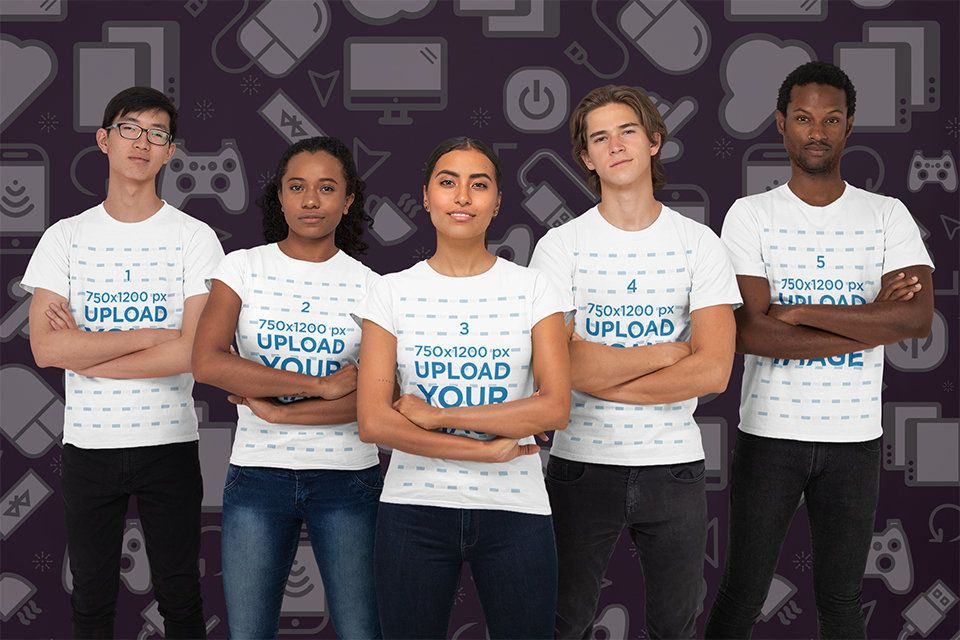 Mockup of a Diverse eSport Team Wearing T-Shirts