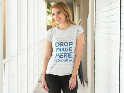 Woman Standing in a Hallway T-Shirt Mockup