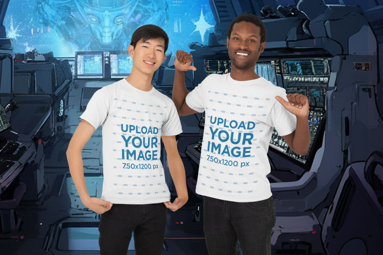 T-Shirt Mockup of Two Gamer Friends at a Studio