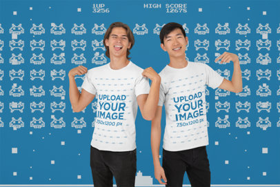 T-Shirt Mockup of Two Joyful Geek Friends at a Studio
