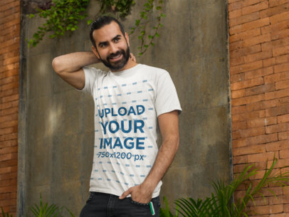 Man Standing Outside a Restaurant T-Shirt Mockup