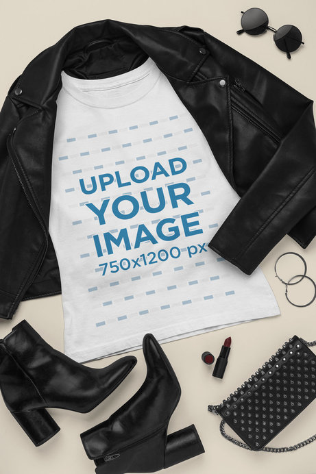 Outfit Mockup Featuring a T-Shirt Surrounded by Dark Leather Girly Garments