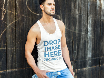 Man Leaning Against a Wooden Fence Tank Top Mockup