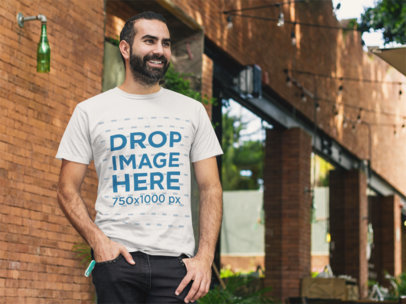 Bearded Man Standing Outside a Bar T-Shirt Mockup