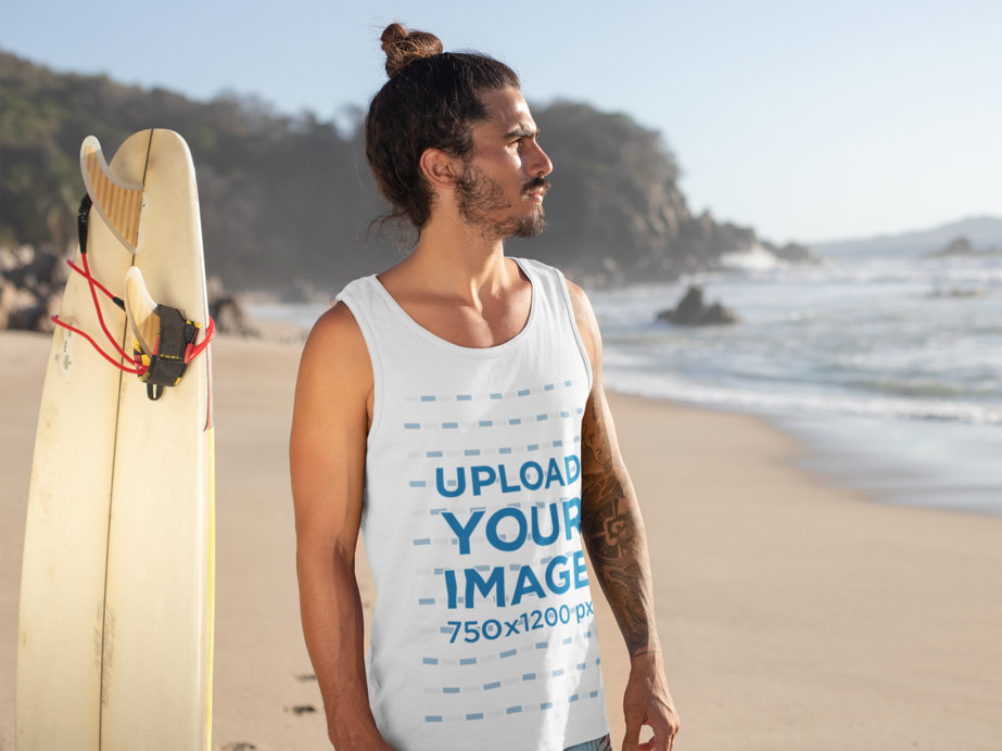 Tank Top Mockup of a Man with His Surfboard at the Beach Looking into the Ocean 