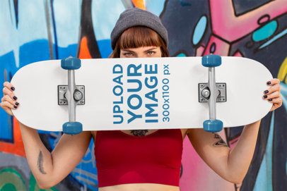 Mockup of a Woman Holding a Skateboard Against a Graffiti 