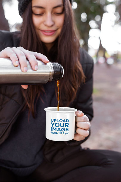Mockup of a Young Woman Pouring Hot Coffee into Her 12 Oz Mug