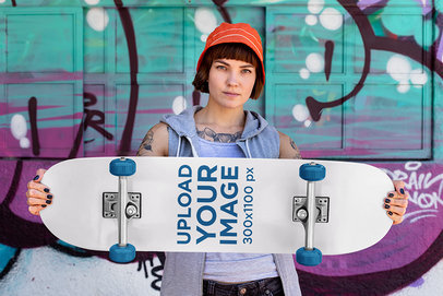 Mockup of a Rad Woman Holding a Skateboard