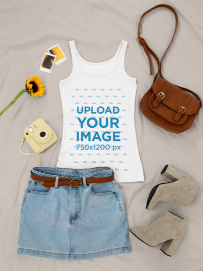 Outfit Mockup Featuring a Tank Top Next to a Denim Skirt and Suede Low Boots 26337