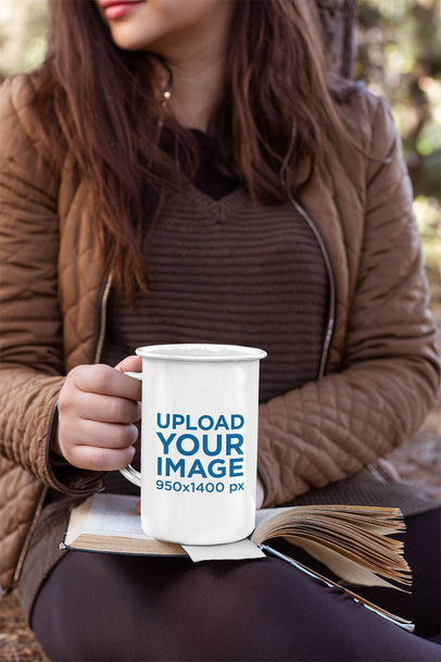21 oz Enamel Mug Mockup Featuring a Woman Sitting Outdoors 26921a