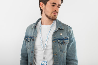 Mockup of a Man with a Lanyard and Badge Holder Against a White Background