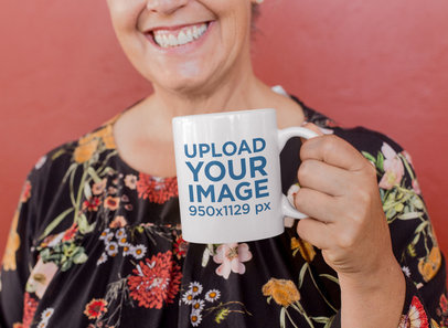 11 Oz Coffee Mug Mockup Featuring a Smiling Elderly Woman