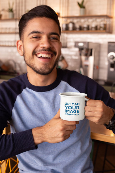 Mockup of a Bearded Man Holding a 12 Oz Enamel Mug