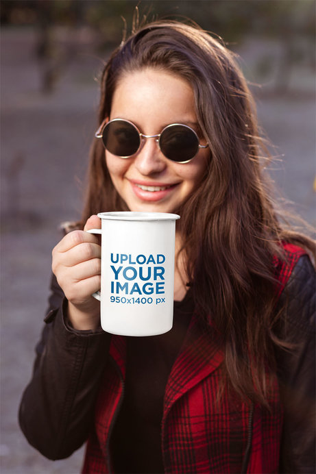 21 Oz Enamel Mug Mockup Featuring a Woman with Sunglasses