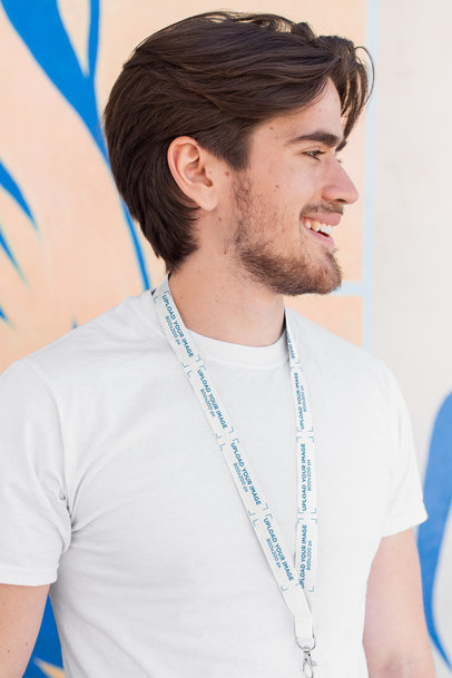 Lanyard Mockup of a Bearded Man Against a Colorful Wall