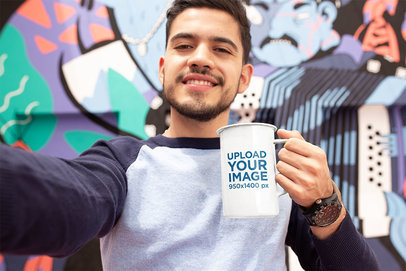 Mockup of a Man Taking a Selfie with a 21oz Enamel Coffee Mug 26937