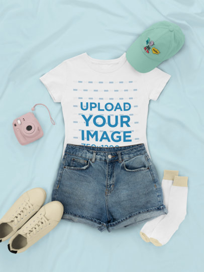 Outfit Mockup of a T-Shirt with Denim Shorts and Low Sneakers