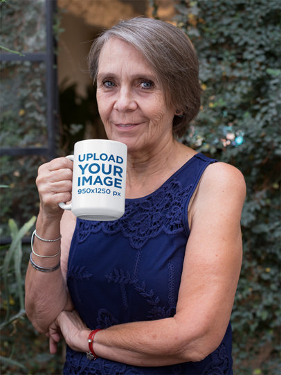 15oz Mug Mockup of an Elderly Woman Drinking Coffee in Her Backyard 27436