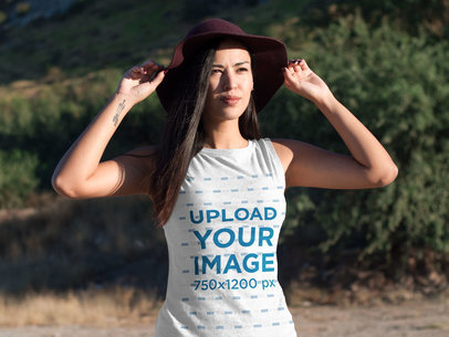 Beautiful Woman Modeling Outdoors in a Sleeveless Shirt