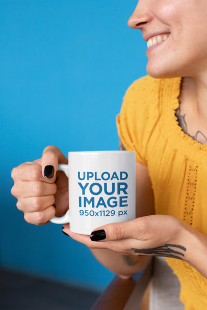 11 Oz Mug Mockup of a Smiling Woman at a Solid Color Background